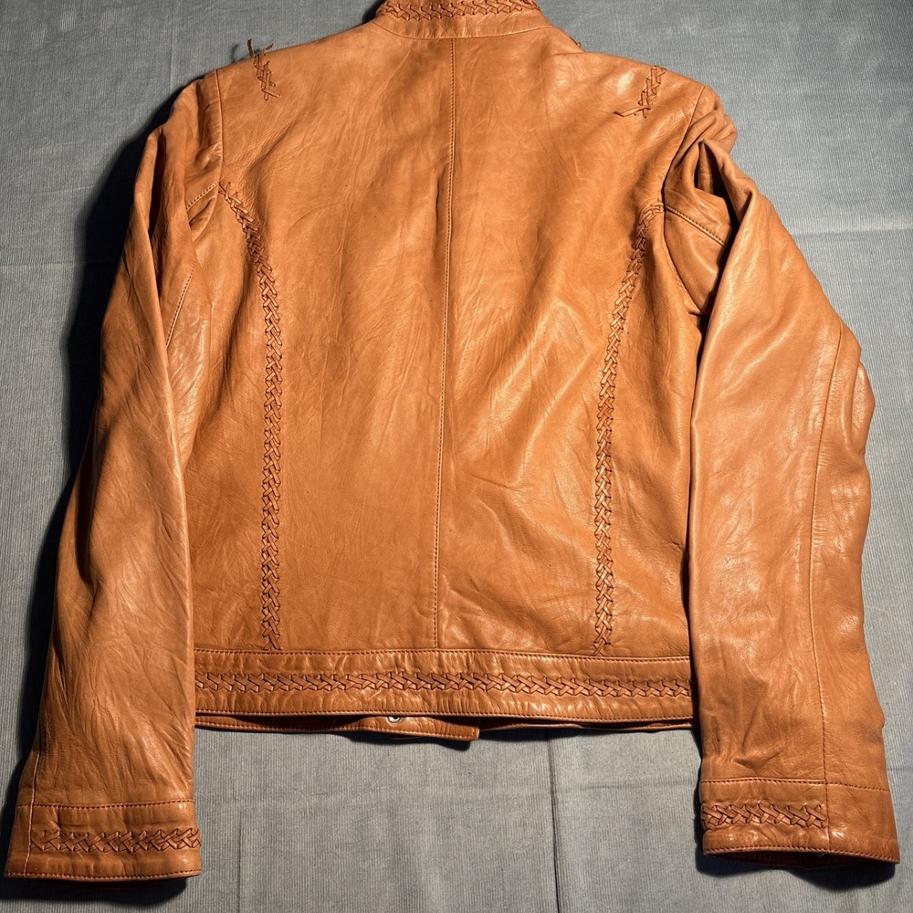 Cole Haan Collection Tan Lambskin Leather Whipstitch Moto Jacket Womens Medium - Picture 8 of 16